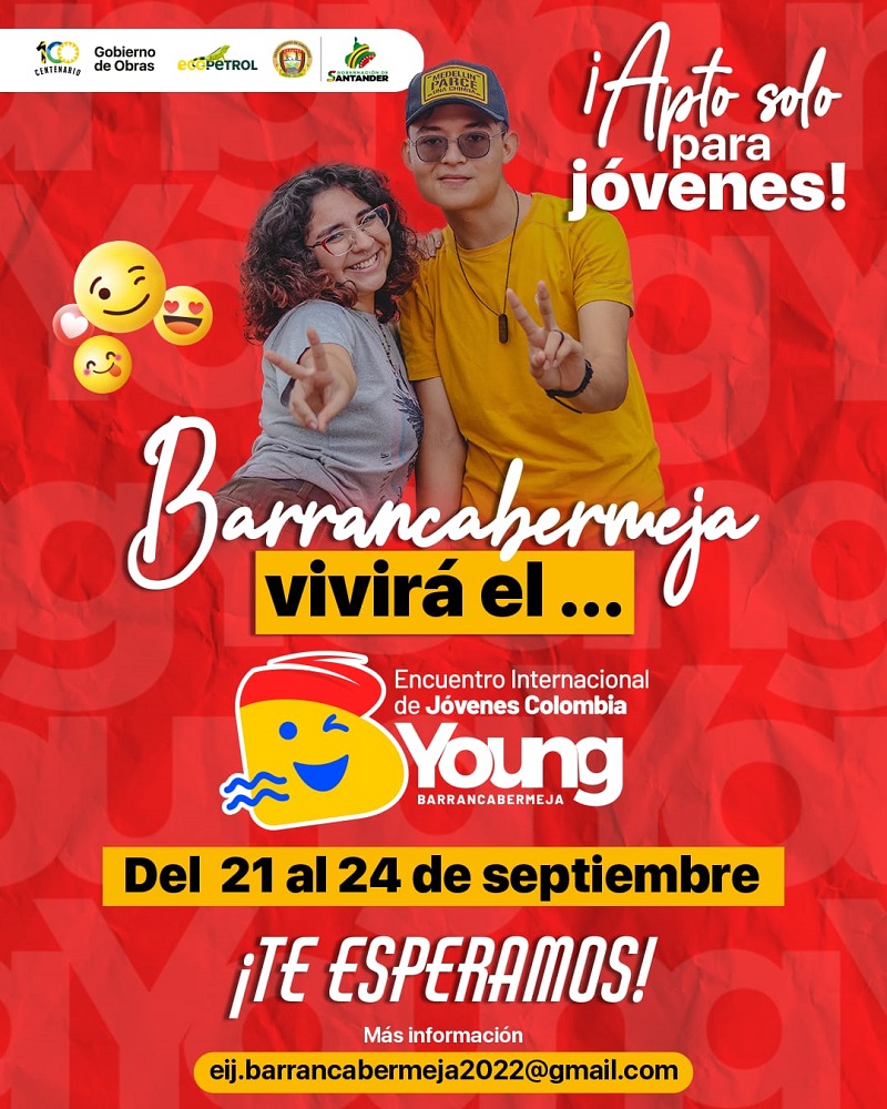 Barrancabermeja será sede del Encuentro Internacional de Juventudes, esperando reunir durante 4 días a más de 450 jóvenes líderes de los 32 departamentos de Colombia y 50 jóvenes de diferentes países, donde podrán compartir sus experiencias en temas de activismo juvenil, industrias creativas y culturales, ciudades inteligentes y tribus urbanas.