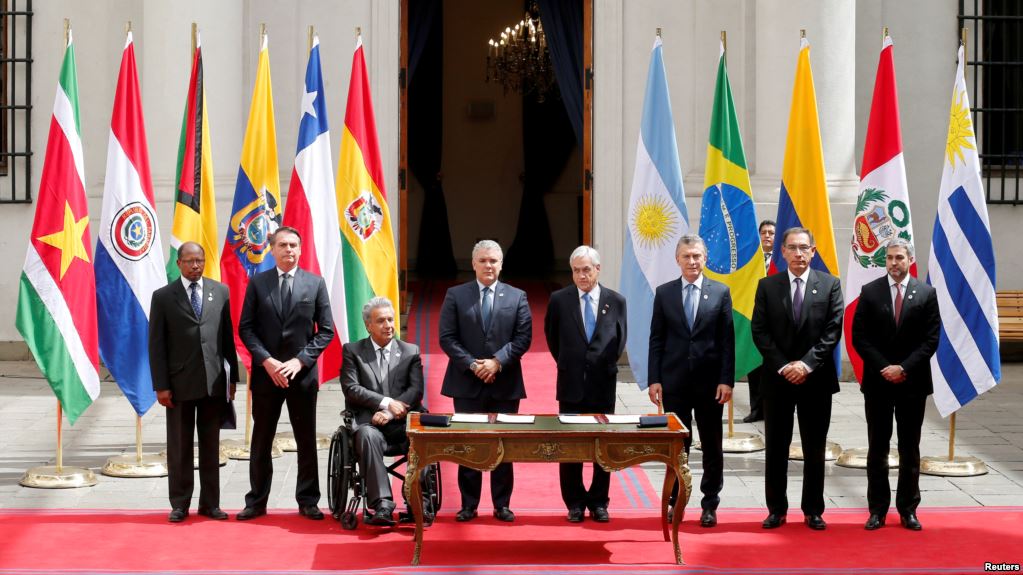 Los mandatarios de Chile, Colombia, Argentina, Brasil, Ecuador, Perú y Paraguay lanzaron en la capital chilena el Foro para el Progreso de América del Sur (PROSUR), un nuevo bloque regional que pretende remplazar a Unasur, y del que está excluida Venezuela.
